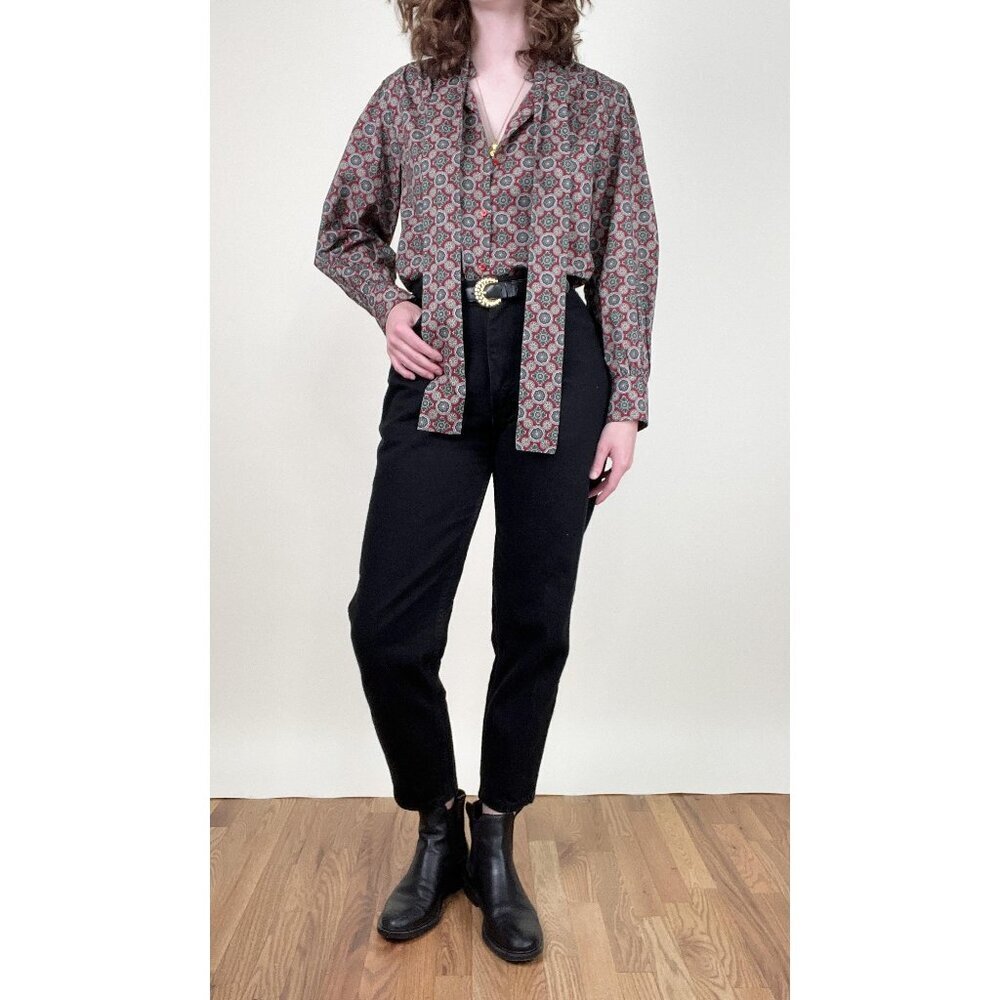 Vintage 70s Pussy Bow Button Down Shirt Blouse Floral Print Boho Preppy Academia